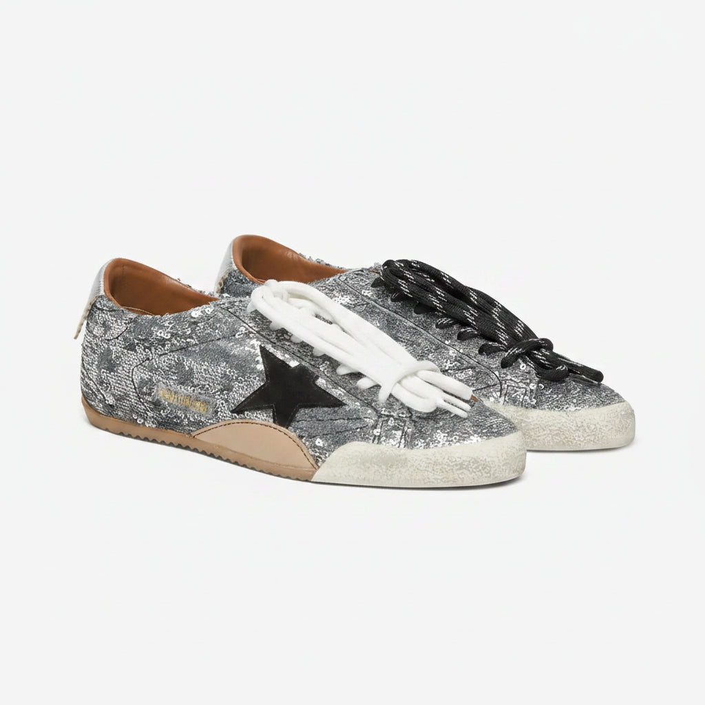 Women's True-Star in silver sequins with black star and silver leather heel tab