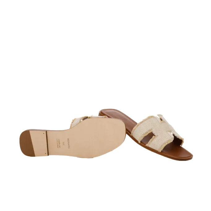 HARD TO FIND HERMES Oran Sandal Beige in Fringed Linen Canvas